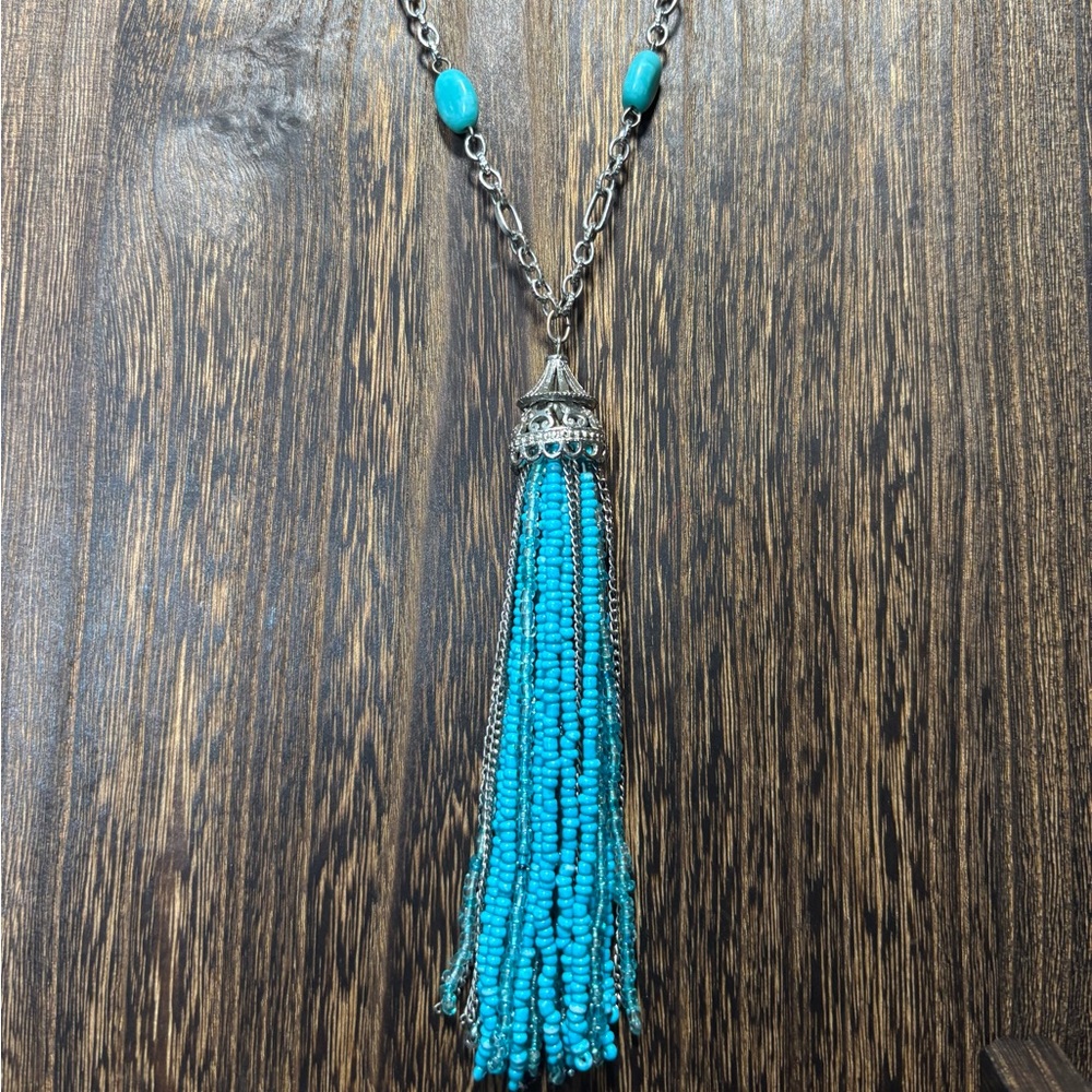 Silver and Turquoise Beaded Tassel Necklace